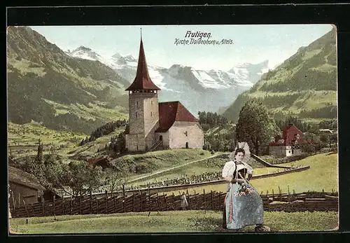 AK Frutigen, Kirche vor Doldenhorn und Altels