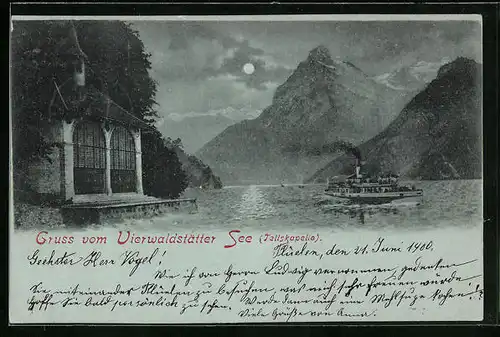 Mondschein-AK Vierwaldstättersee, Dampfer vor der Tellskapelle
