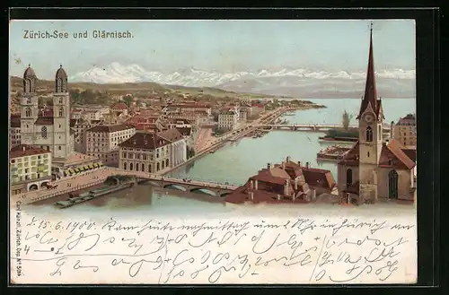 Lithographie Zürich, See mit Glärnisch