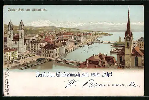 Lithographie Zürich, See mit Glärnisch