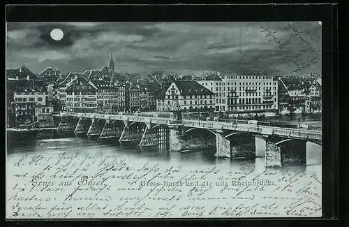 Mondschein-AK Basel, Gross-Basel mit Hotel des Trois Rois