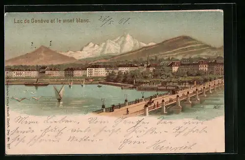 Lithographie Genève, Lac et le mont blanc