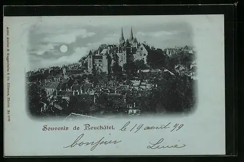 Mondschein-AK Neuchatel, Panorama mit Schloss Neuenburg