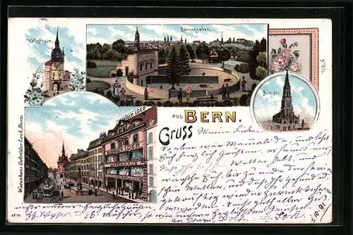 Lithographie Bern, Bärengraben, Käfigturm, Münster, Warenhaus der Gebrüder Loeb