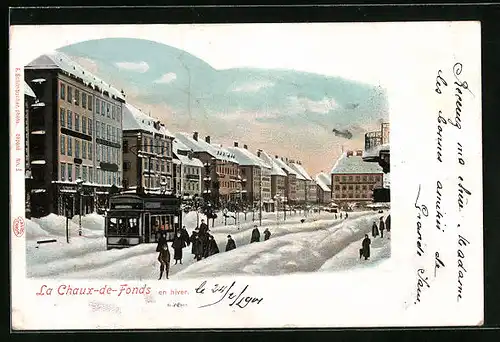 AK La Chaux-de-Fonds, En hiver, Strassenbahn