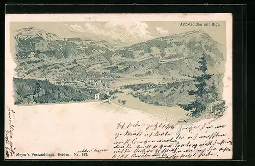 Lithographie Arth-Goldau, Gesamtansicht mit Rigi