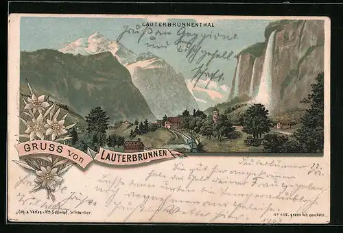 Lithographie Lauterbrunnen, Blick ins Lauterbrunnenthal