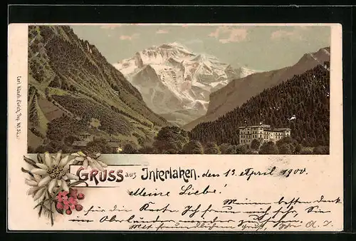 Lithographie Interlaken, Hotel mit Gebirgspanorama