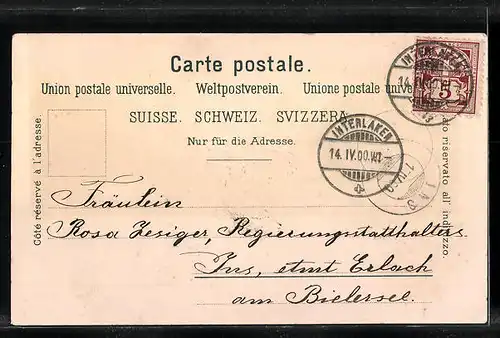 Lithographie Interlaken, Hotel mit Gebirgspanorama