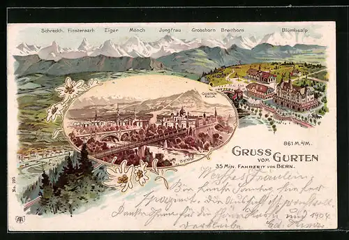 Lithographie Gurten, Ortspartien aus der Vogelschau, Alpenpanorama