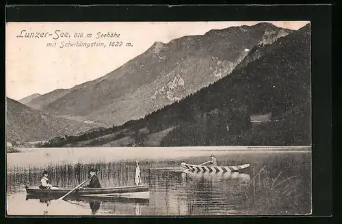 AK Lunz, Lunzer-See mit Scheiblingstein und Ruderbooten