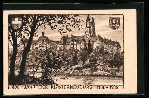 Künstler-AK Klosterneuburg, Teilansicht mit Wappen zur 800-Jahrfeier 1936