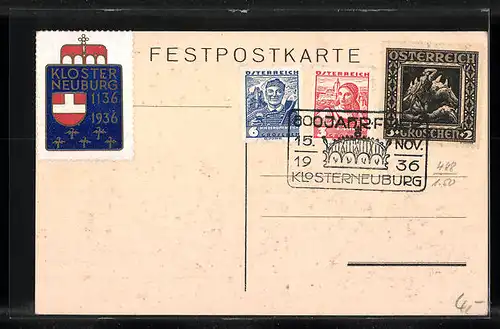 Künstler-AK Klosterneuburg, Teilansicht mit Wappen zur 800-Jahrfeier 1936