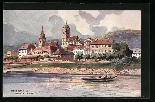 Künstler-AK Stein /Donau, Ortsansicht mit Ruderboot (Gemälde von Fritz Lach)