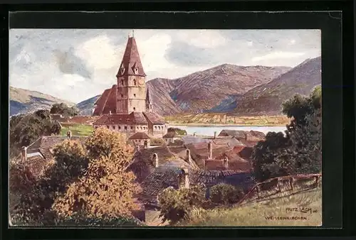 Künstler-AK Weissenkirchen, Ortsansicht aus der Vogelschau (Gemälde von Fritz Lach)