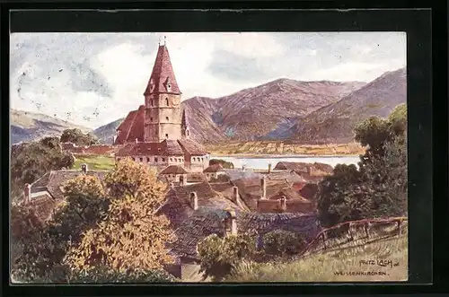 Künstler-AK Weissenkirchen, Ortsansicht vor Bergkulisse (Gemälde von Fritz Lach)