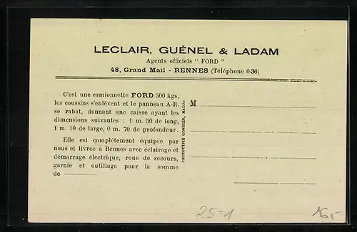 AK Rennes, Leclair, Guénel & Ladam, Agents officiels Ford, Autos von Ford