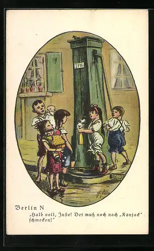 Künstler-AK Heinrich Zille: Kinder mit Cognac-Flasche am Brunnen