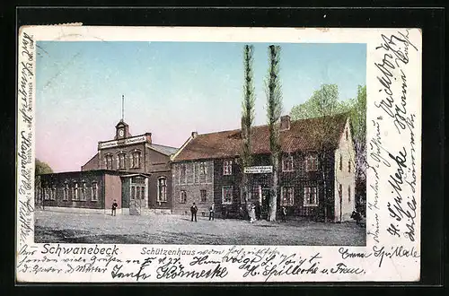 Goldfenster-AK Schwanebeck, Gasthof Schützenhaus mit leuchtenden Fenstern