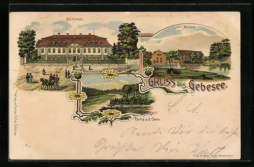 Lithographie Gebesee, Schloss, Partie an der Gera, Mühle