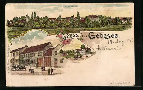 Lithographie Gebesee, Gasthof Schützenhaus, Ansicht von der Hinterburg