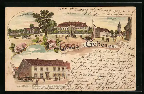 Lithographie Gebesee, Gasthof Schützenhaus, Schloss, Marktplatz