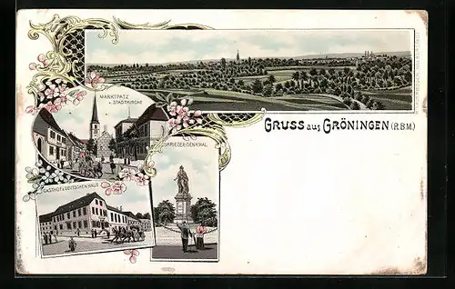 Lithographie Gröningen, Marktplatz und Stadtkirche, Gasthof zum deutschen Haus, Totalansicht