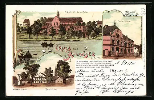 Lithographie Arendsee i. Altm., Klosterkirche und Ruine, Landw. Schule, Marktplatz