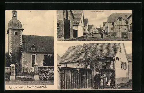 AK Kleinrettbach, Kirche mit Friedhof, Strassenpartie mit Passanten