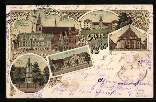 Lithographie Zerbst, Schloss, Kirche, Bauschule