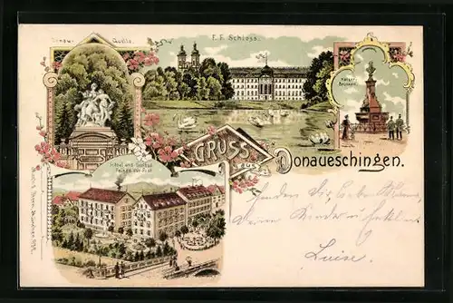 Lithographie Donaueschingen, Hotel Falken zur Post, F. F. Schloss, Donau-Quelle