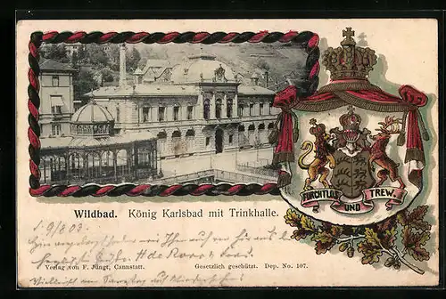 Passepartout-Lithographie Wildbad, König Karlsbad mit Trinkhalle, Wappen