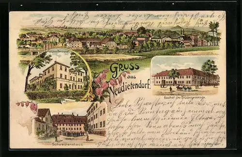Lithographie Neudietendorf, Gasthof zur Brüdergemeinde, Mädchen Pensionat, Schwesternhaus