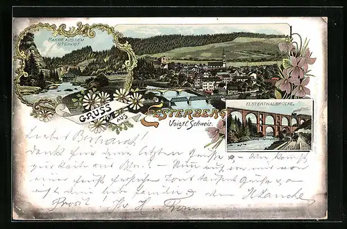 Lithographie Elsterberg, Elsterthalbrücke, Partie aus dem Steinigt, Panorama