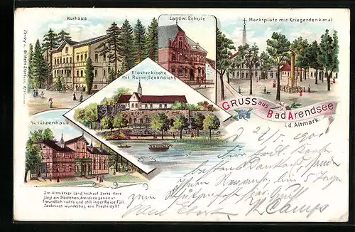 Lithographie Bad Arendsee i. d. Altmark, Kurhaus, Schützenhaus, Klosterkirche mit Ruine Seeansicht