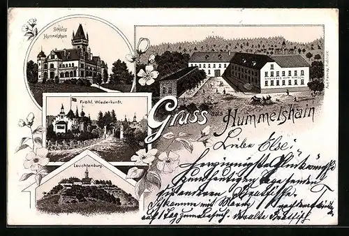 Lithographie Hummelshain, Schloss Hummelshain, Fröhliche Wiederkunft, Leuchtenburg