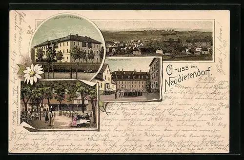 Lithographie Neudietendorf, Gasthofs-Garten, Schwestern-Haus, Mädchen-Pensionat