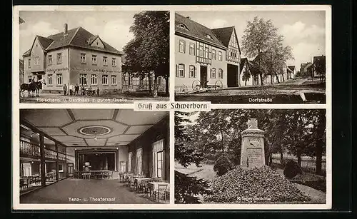 AK Schwerborn, Fleischerei und Gasthaus zur guten Quelle, Inneres Tanz- und Theatersaal, Kriegerdenkmal