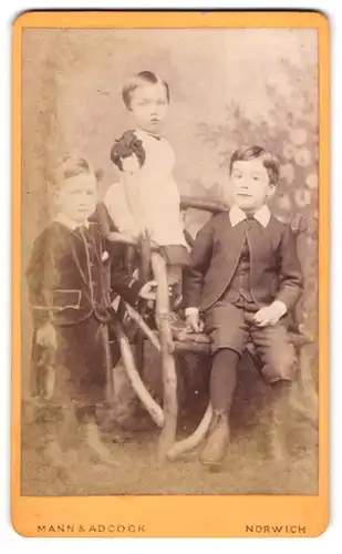 Fotografie Mann & Adcock, Norwich, 6, Upper St., Gile`s Street, Kleines Mädchen und zwei Jungen in modischer Kleidung
