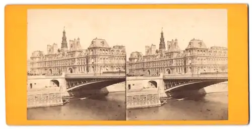 Stereo-Fotografie unbekannter Fotograf, Ansicht Paris, Seine Partie mit Brücke am Hotel a Ville