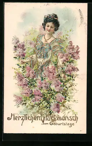 Präge-AK Dame umgeben von Blumen, Geburtstag
