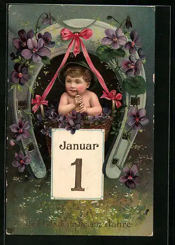 AK Knabe mit Pfeife unter Hufeisen