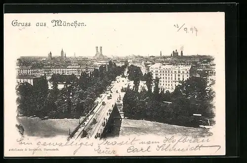 AK München, Ortsansicht mit Brücke aus der Vogelschau