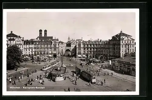 AK München, Karlsplatz-Rondell aus der Vogelschau, Strassenbahn