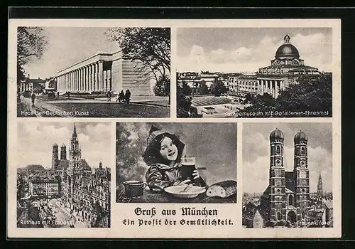 AK München, Haus der Deutschen Kunst, Frauenkirche, Münchner Kindl