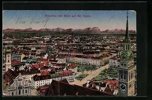 AK München, Ortsansicht mit Blick auf die Alpen