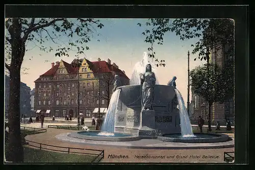 AK München, Nornenbrunnen und Grand Hotel Bellevue