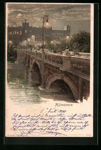 AK München, Maximilianeum mit Isar am Abend