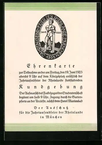 AK München, Ehrenkarte zur Jahrtausendfeier der Rheinlande 1925