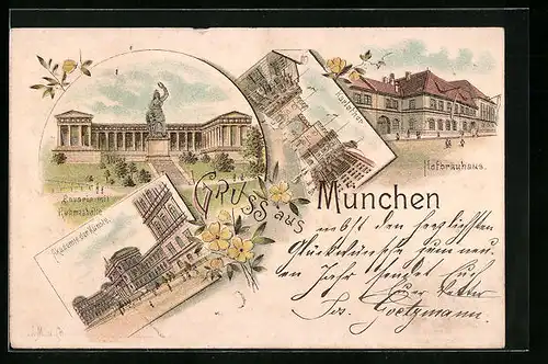 Lithographie München, Bavaria mit Ruhmeshalle, Hofbräuhaus, Akademie der Künste